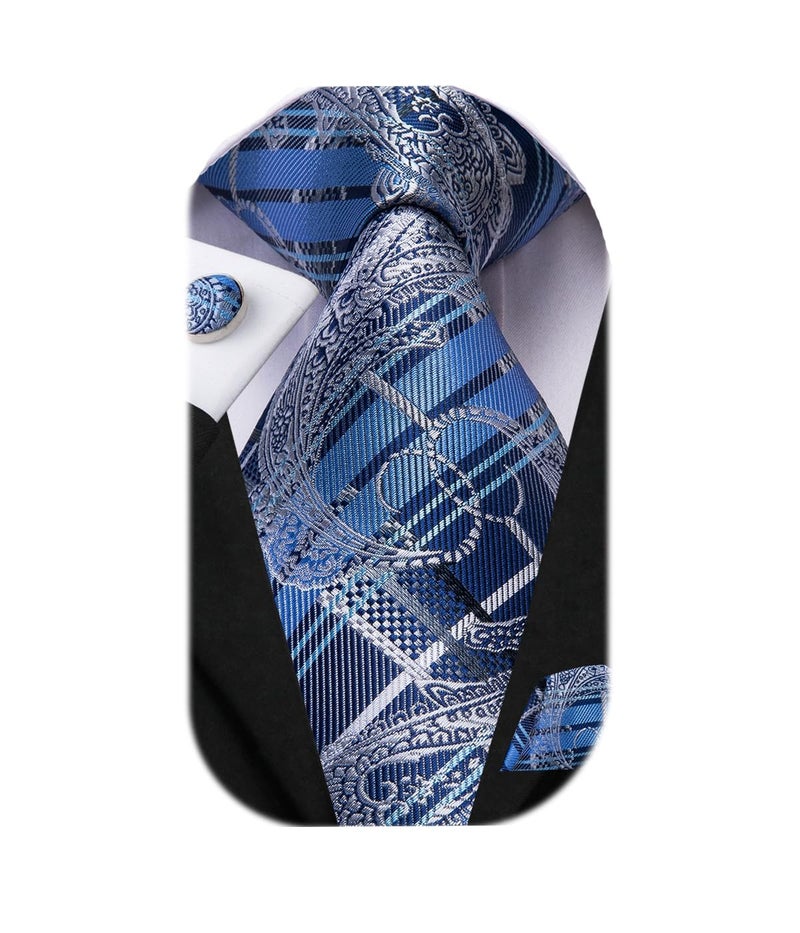 Dubulle Mens Paisley Floral Silk Tie for Men Blue Striped Necktie and Pocket Square Cufflinks Set Wedding Business - Image 1